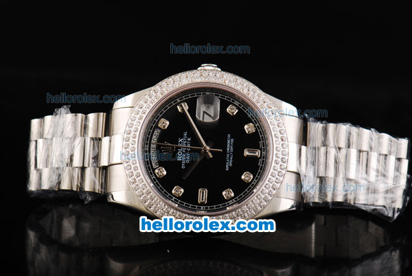 Rolex Day Date II Automatic Movement Full Steel with Double Row Diamond Bezel with Diamond Markers and Black Dial - Click Image to Close